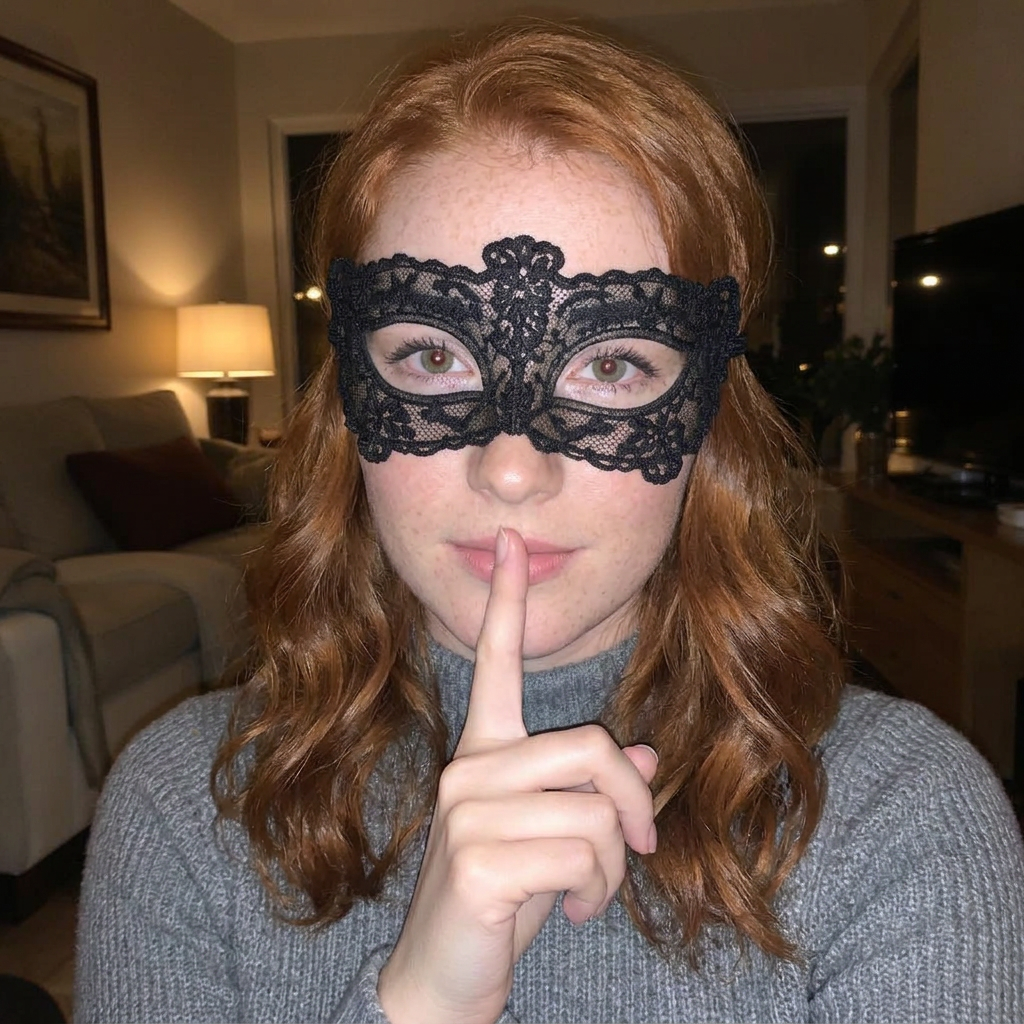 Portrait d’une femme rousse aux cheveux ondulés et aux taches de rousseur portant un masque de dentelle noire et faisant un geste de silence